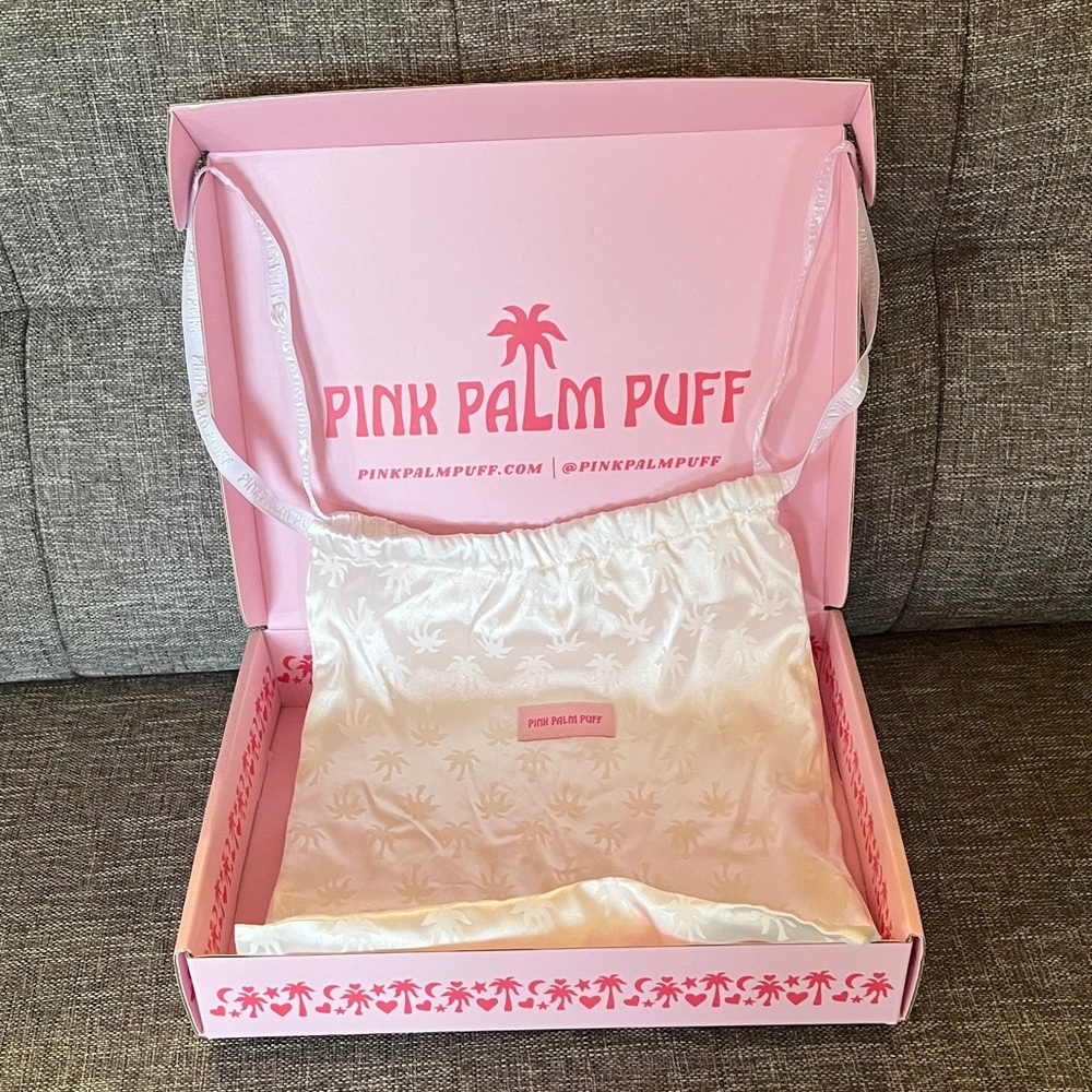 Pink Palm Puff Box & Satin Drawstring Bag